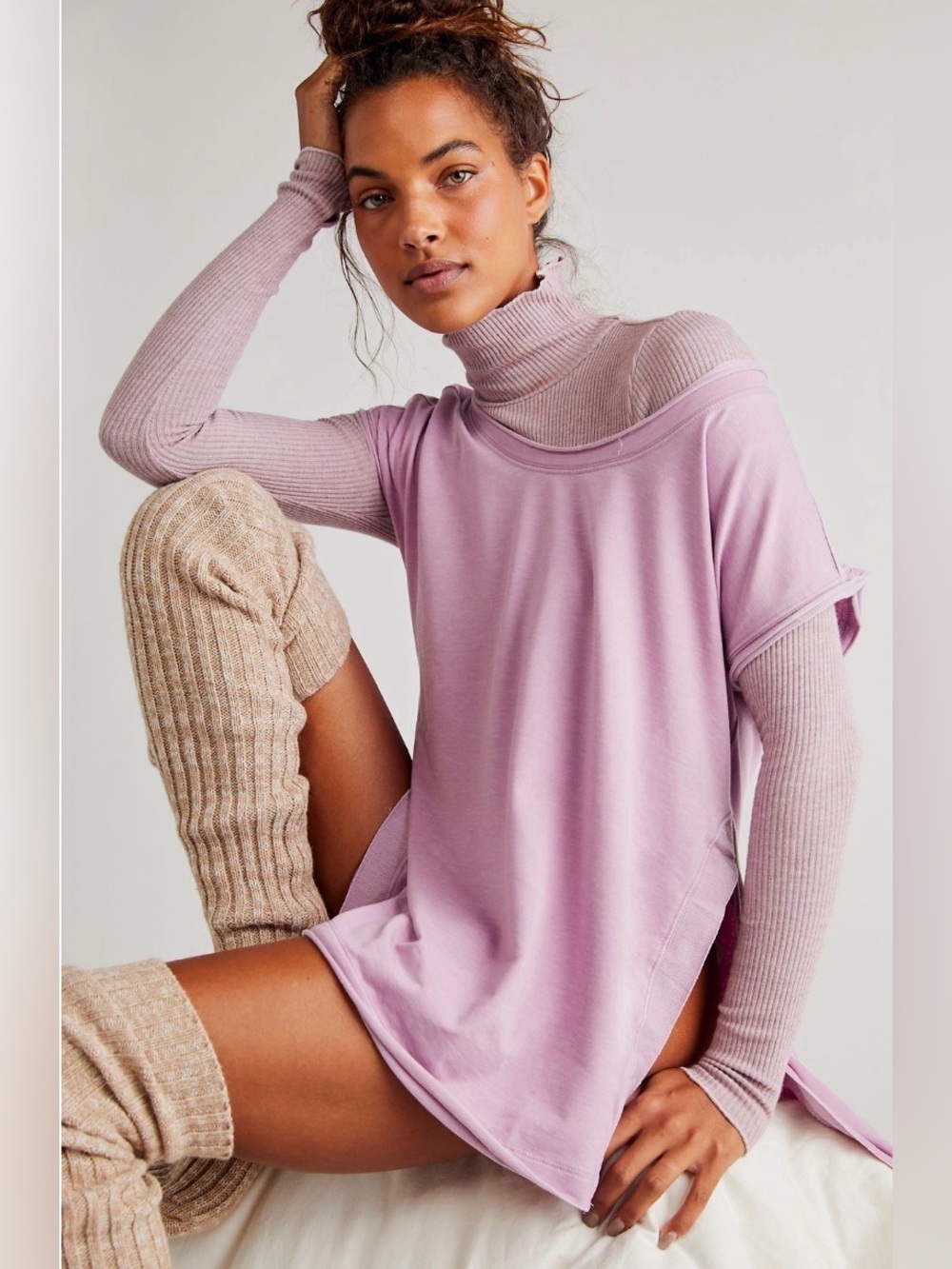 FP Movement Oversized Tunic Tee with Mauve Ribbed Layering